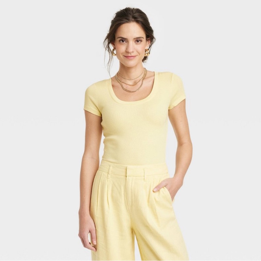 A new day yellow ribbed scoop neck tee